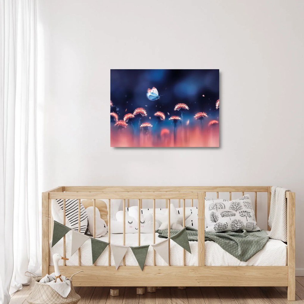 Tablou pe sticlă cu păpădii cu fluture albastru (70x50 cm)
