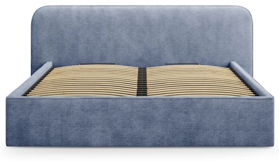 Pat matrimonial albastru închis tapițat cu spațiu de depozitare cu somieră 200x200 cm Elizabeth – Micadoni
