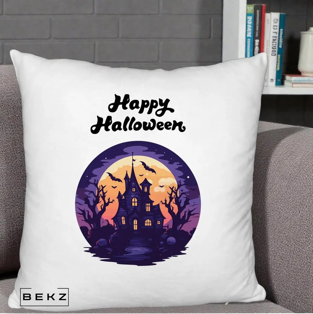 Perna Decorativa Happy Halloween Casa Bantuita Violet, 40x40 cm, Alb Pufos, Husa Detasabila, Perna Inclusa, BEKZ®
