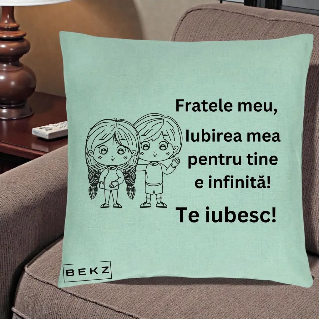 Cadou pentru Frate - Perna Personalizata Fratele Meu Te Iubesc Copii Anime Line Art Negru, 40x40 cm, Verde Menta, Husa Detasabila, Perna Inclusa, BEKZ®