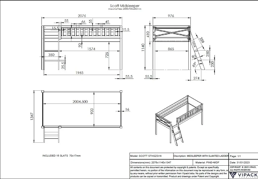Pat supraetajat SCOTT cu scară, alb, 90x200 cm + Cort de joacă DINO – Vipack