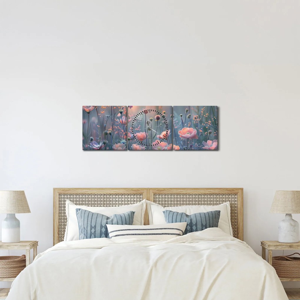 Tablou - Flori în culori pastelate (cu ceas) (90x30 cm)