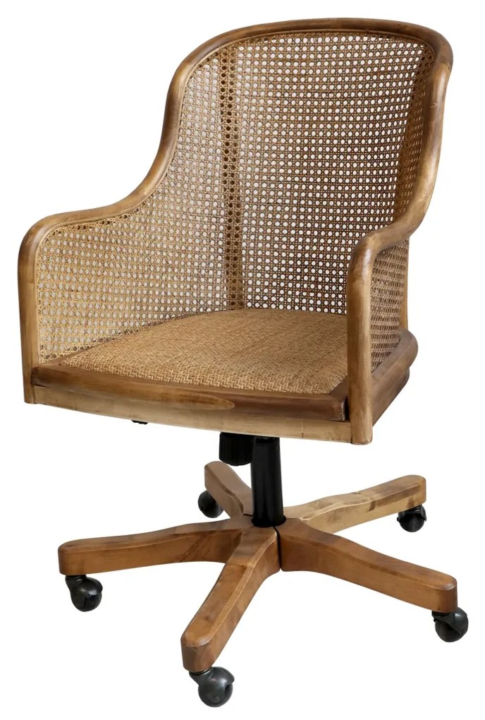Scaun de birou, din lemn de mesteacan si rattan, cu spatar inalt, natur, cu aspect vintage