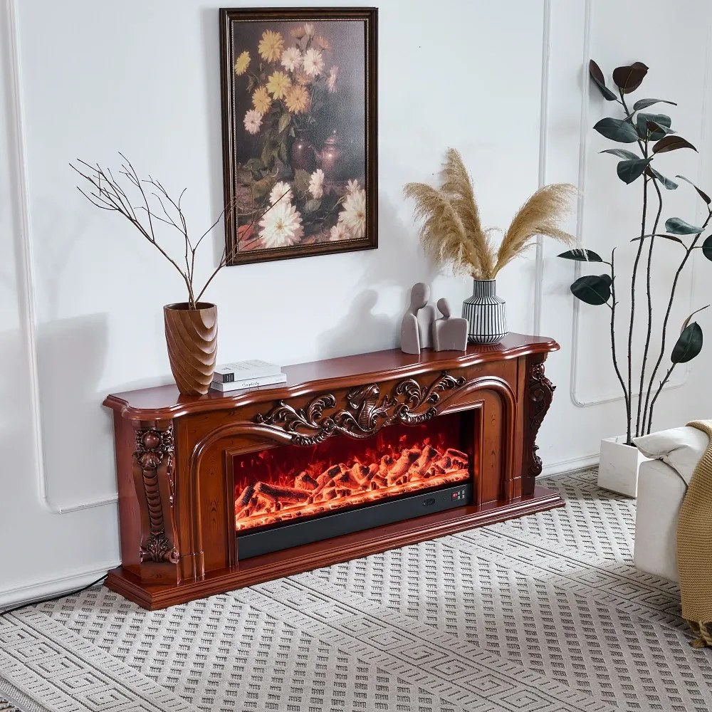 Șemineu electric cu efect LED realist cu 12 culori, Comodă TV, design clasic elegant, control vocal și telecomandă, fără încălzire, 200 cm, Maro