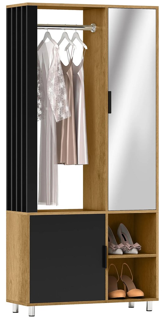 HOMCOM Dulap cameră penderie cu mirror, compartimente deschise, dulap și șipcă de suspendare, 80 x 30 x 170 cm, natural | Aosom Romania