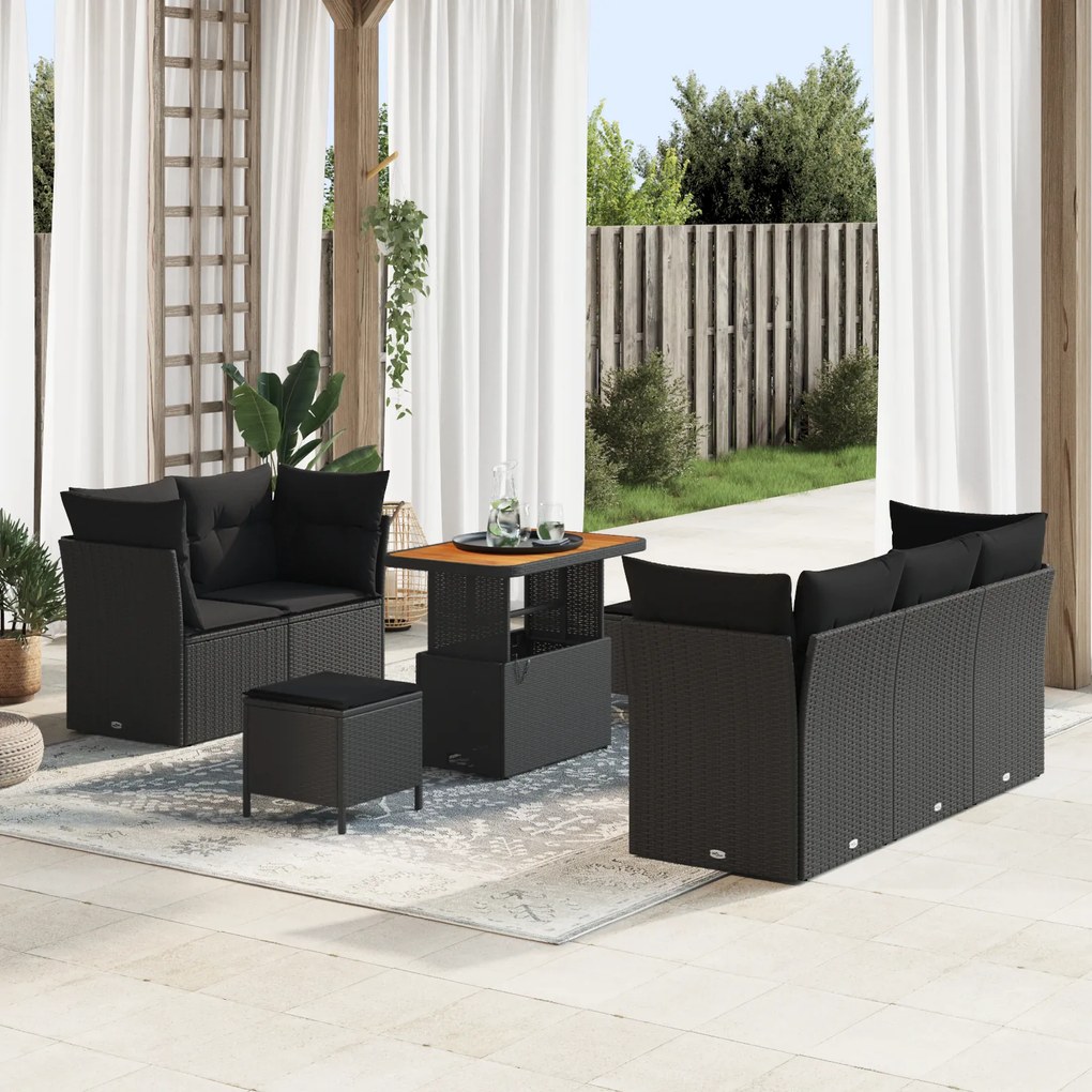Set de Canapea Grădină vidaXL cu Perne Negru Ratan Poli Acacia