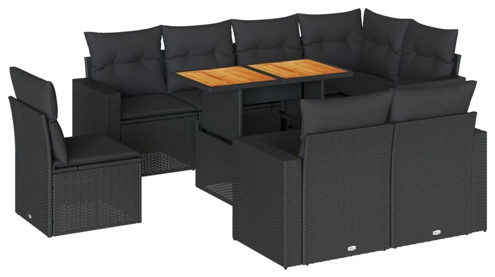 3327051 vidaXL Set mobilier de grădină cu perne, 9 piese, negru, poliratan