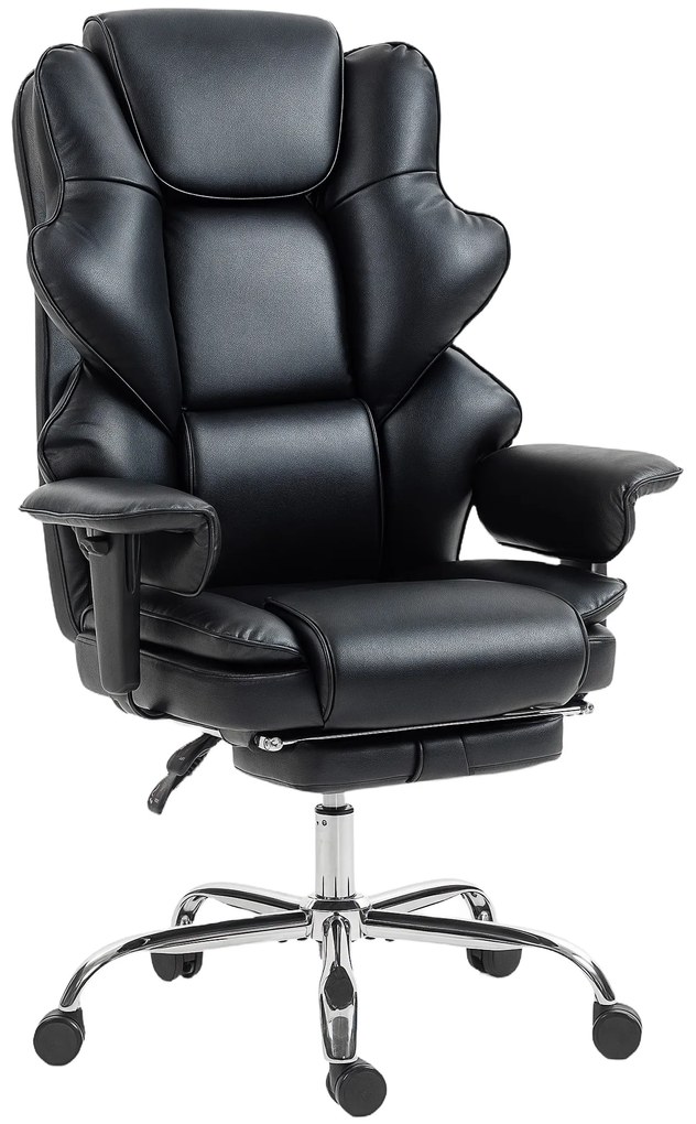 HOMCOM Scaun de birou cu suport pentru picioare și tetieră, din piele PU, spumă și metal, 76x73x117-125 cm, negru | Aosom Romania