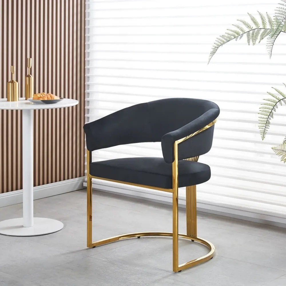 Scaun dining, cadru metalic auriu, tapiterie catifea, Negru/Auriu