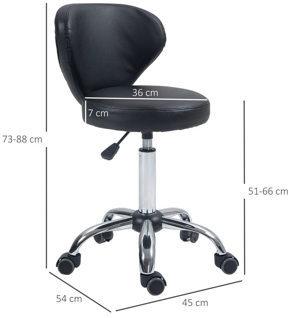 HOMCOM Taburet cu roți taburet de masaj - taburet de lucru pivotant la 360 ° - înălțime ajustabilă 49-64H cm, spătar ergonomic - metal cromat acoperit cu material sintetic negru | Aosom Romania
