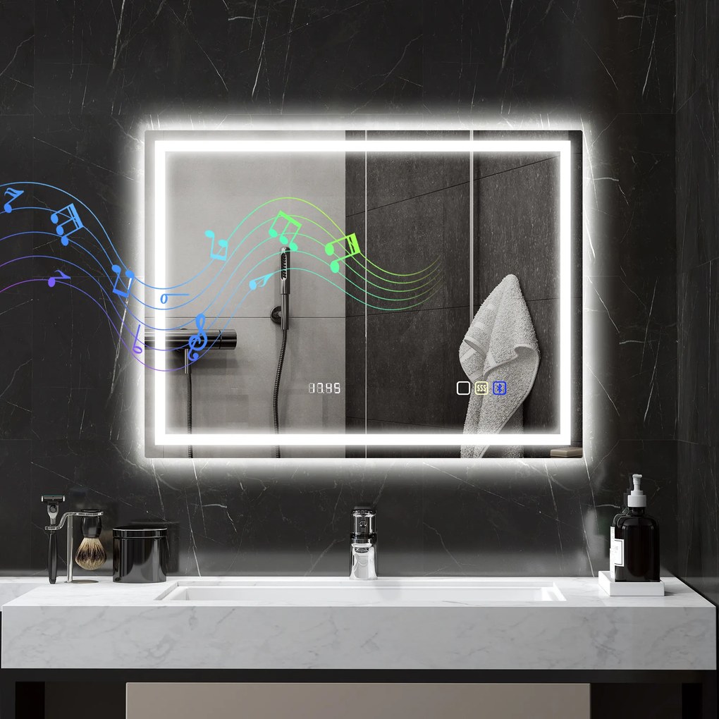 HOMCOM Oglindă Baie Anti-aburire Con Lumină Led E Difuzor Bluetooth 80x60 cm | Aosom Romania