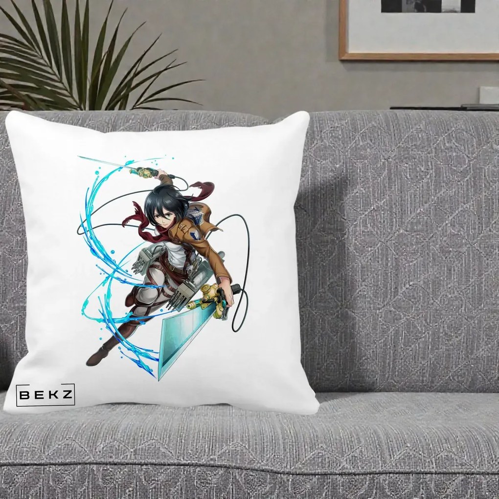 Perna Personalizata Attack on Titan Mikasa Ackerman Lupta, 40x40 cm, Alba Mata, Husa Detasabila, Perna Inclusa, BEKZ®