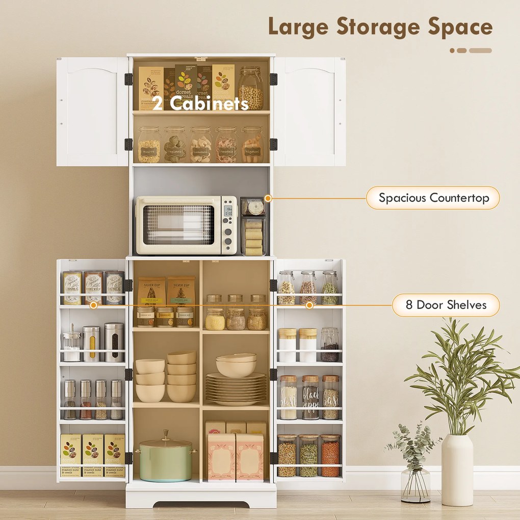 HOMCOM Dulap de bucătărie înalt, stil country, cu 2 dulapuri și 8 suporturi pentru condimente, 60x40x181.5 cm, alb | Aosom Romania