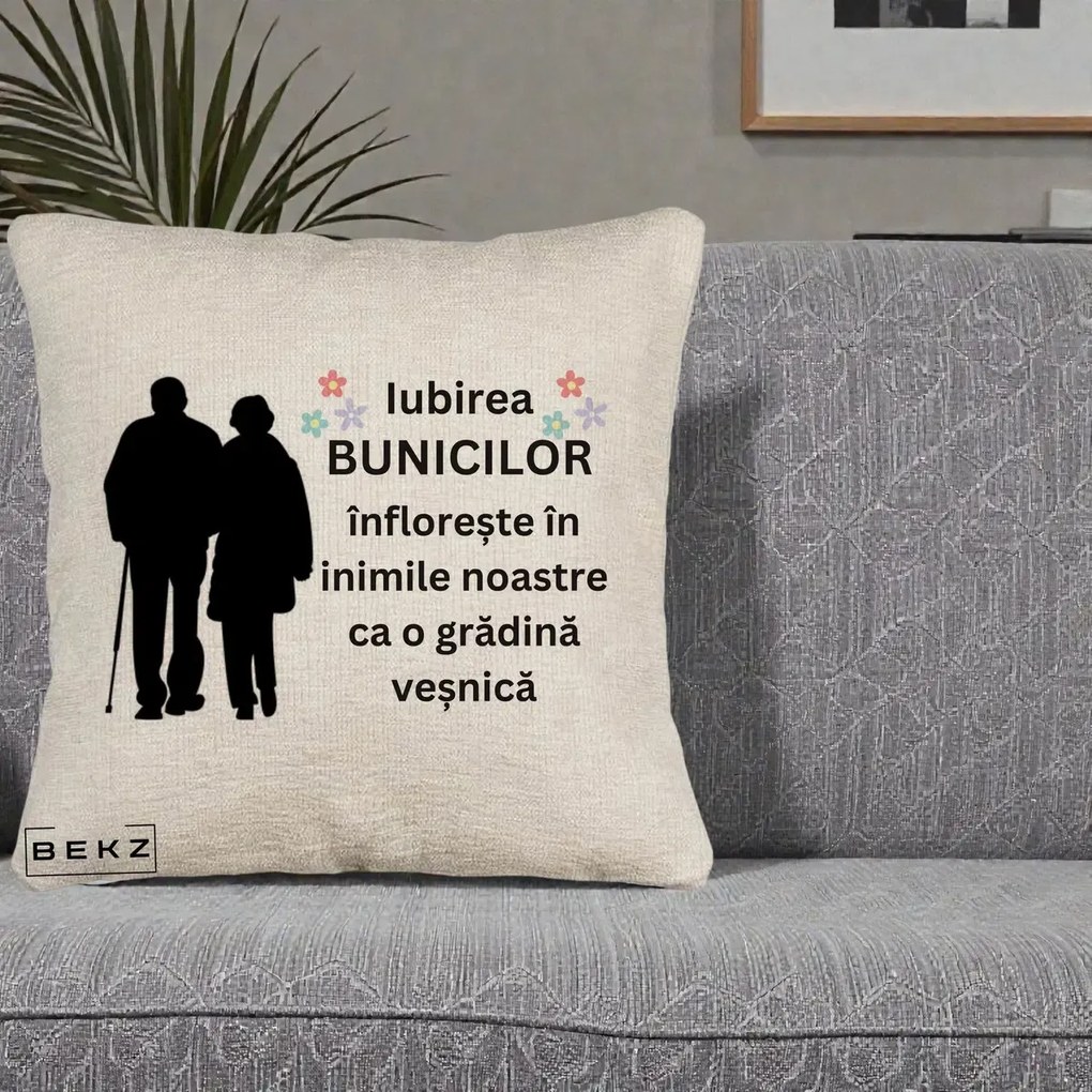Cadou pentru Bunici - Perna Personalizata Bunicii Iubirea Infloreste Silueta Neagra Flori, 40x40 cm, Bej Canapea, Husa Detasabila, Perna Inclusa, BEKZ®