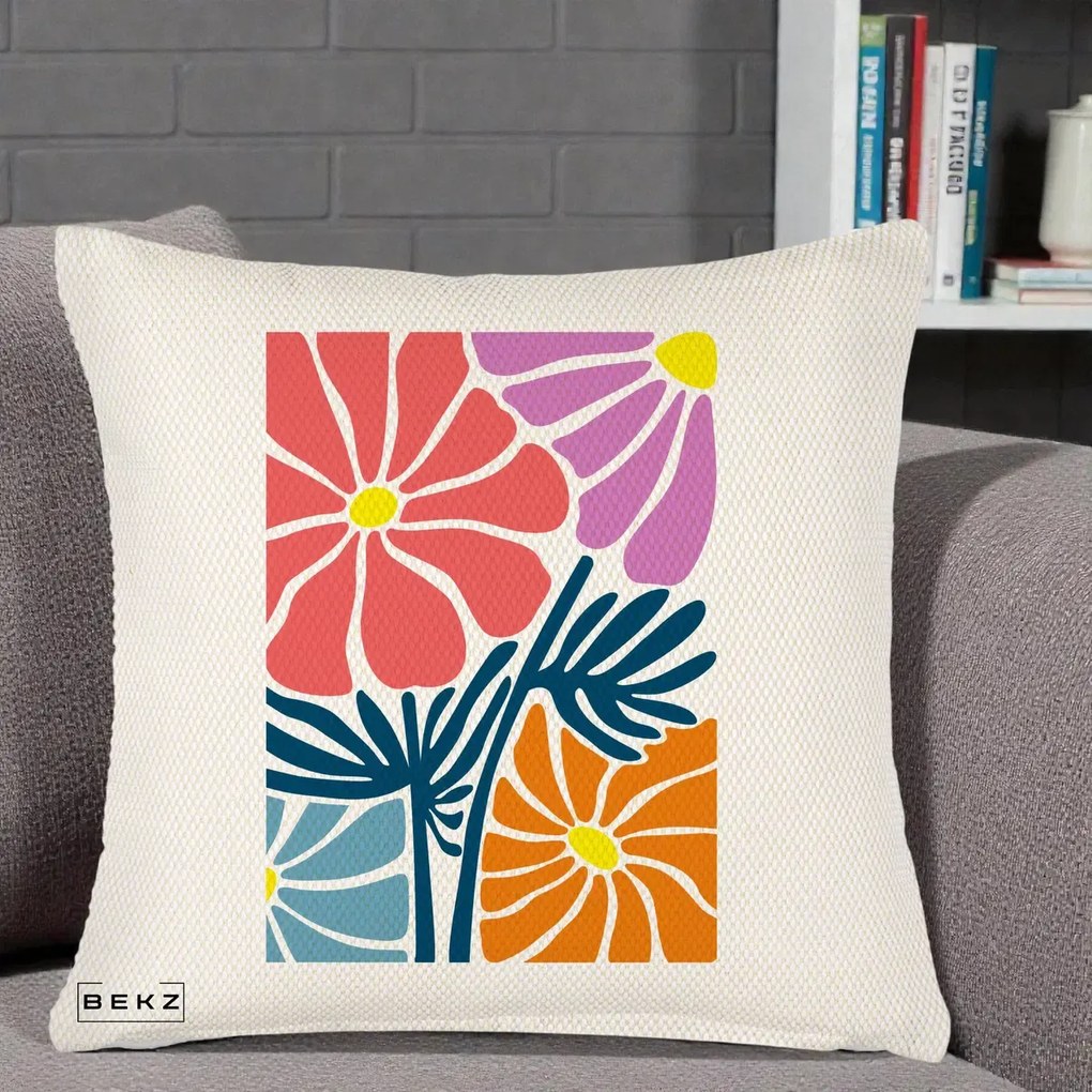 Perna Decorativa Flori Grafice Roz-Orange-Albastru, 40x40 cm, Crem Reliefat, Husa Detasabila, Perna Inclusa, BEKZ®