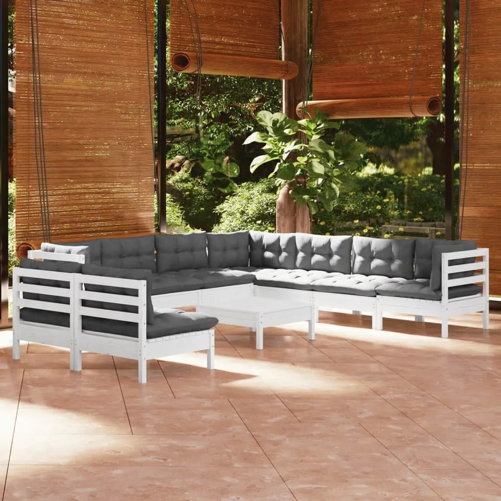 3096834 vidaXL Set mobilier grădină cu perne, 10 piese, alb, lemn masiv pin