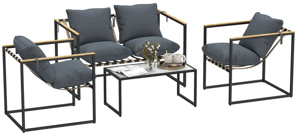 Outsunny set mobilier grădină 4 piese, 2 fotolii, canapea 2 persoane, masă, perne incluse, gri | Aosom Romania