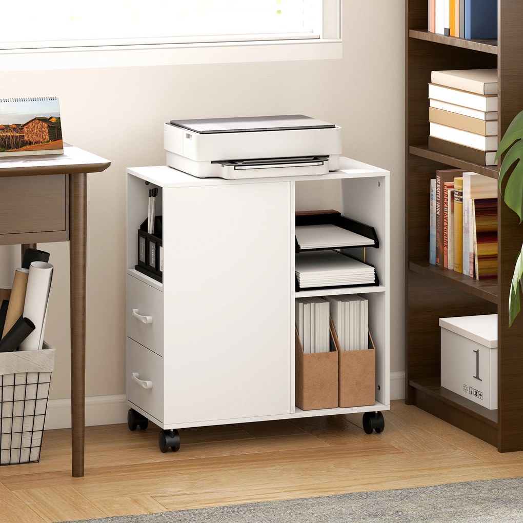 HOMCOM Măsuță de Living cu Roți, 2 Sertare, Raft Deschis și Poliță Reglabilă, Măsuță pentru Dormitor sau Living, 60x30x65 cm, Alb | Aosom Romania