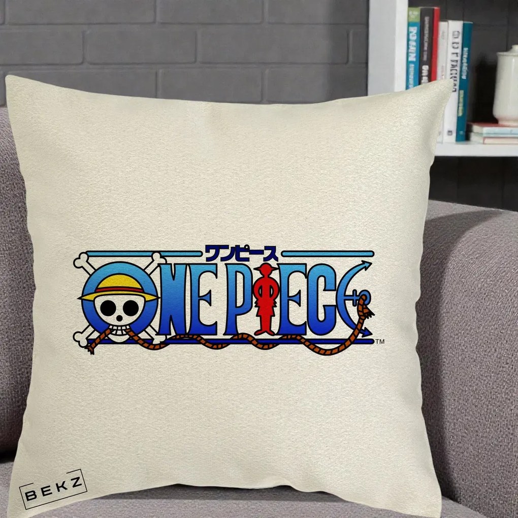 Perna Personalizata One Piece Clasic Albastru, 40x40 cm, Ecru, Husa Detasabila, Perna Inclusa, BEKZ®
