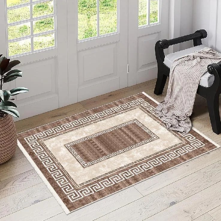 Covor camera antiderapant, bej-maro, model Athena