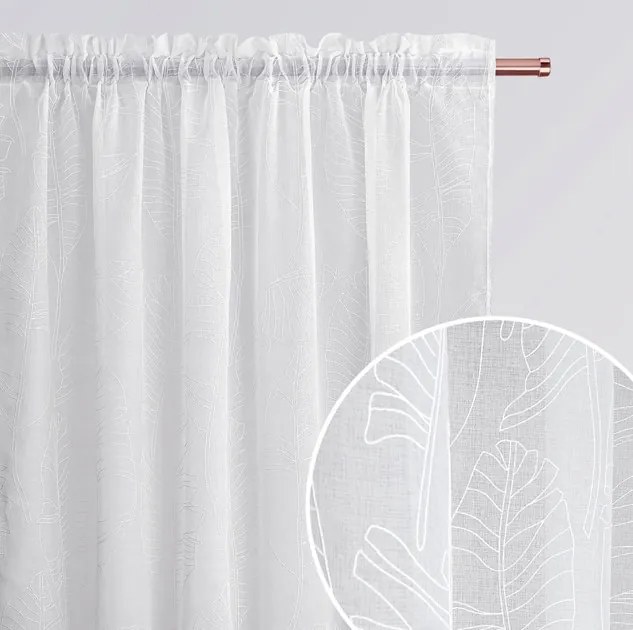 Perdea albă cu model natural, cu bandă plisată, 140 x 250 cm