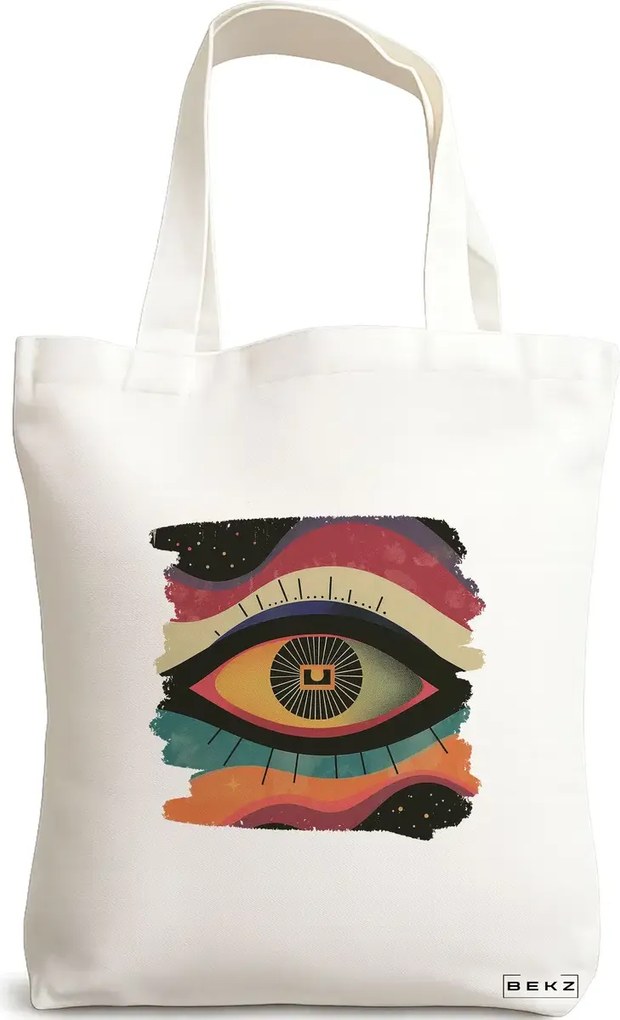 Sacosa de Panza pentru Cumparaturi, Geanta Tote, model Celestial Eye 7, 38x34.5 cm, Alba, BEKZ®