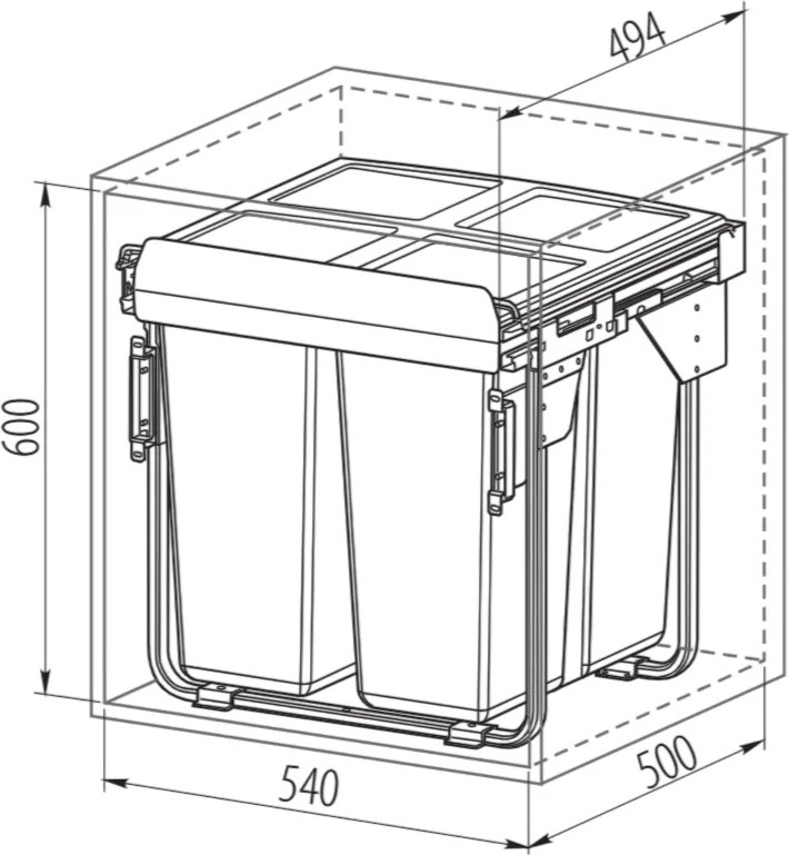 Cos gunoi incorporabil GTV Practi Eco, cu extragere automata, colectare selectiva, pentru corp de 600 mm, gri antracit, 2 x 17 l + 1 x 34 l Gri