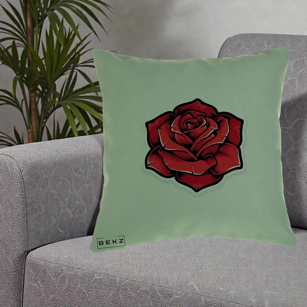 Perna Decorativa Trandafir Rosu Tattoo, 40x40 cm, Verde, Husa Detasabila, Perna Inclusa, BEKZ®