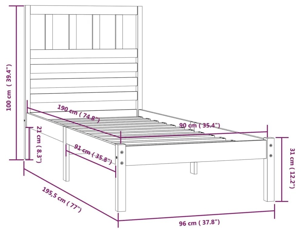 Cadru de pat Single 3FT, maro miere, 90x190 cm, lemn masiv pin maro miere, 90 x 190 cm