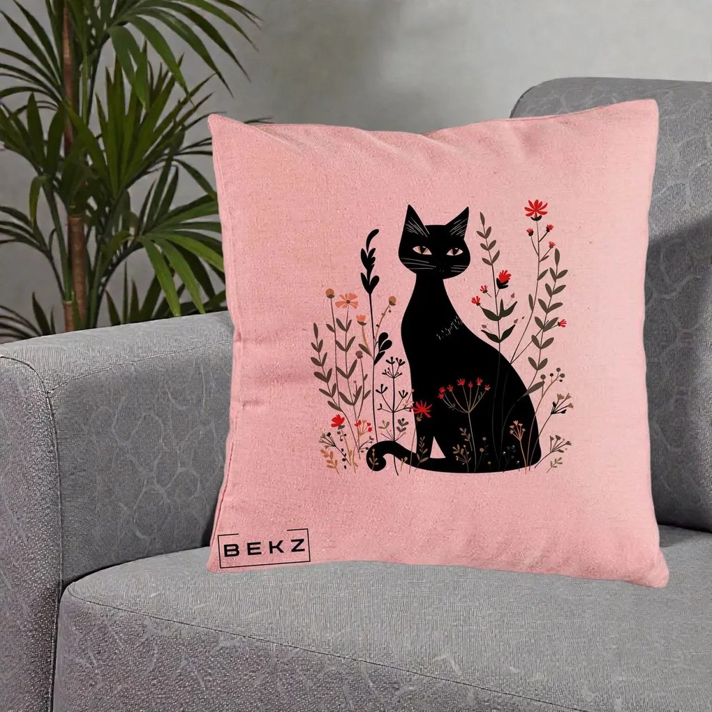 Perna Decorativa Pisica Neagra Botanica Rosu-Gri, 40x40 cm, Roz, Husa Detasabila, Perna Inclusa, BEKZ®