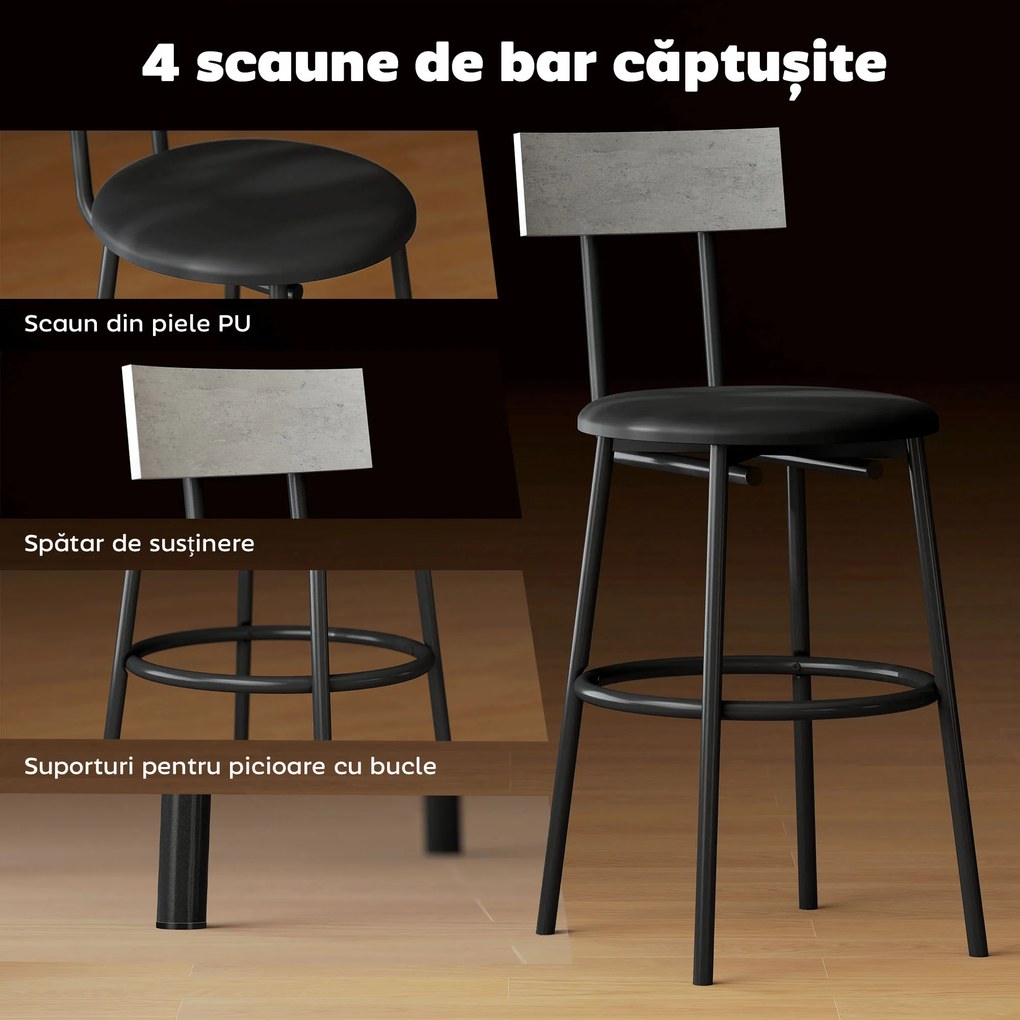 HOMCOM Set cu Masă Înaltă și 4 Scaune de Bar cu Spătar Stil Industrial Gri | Aosom Romania