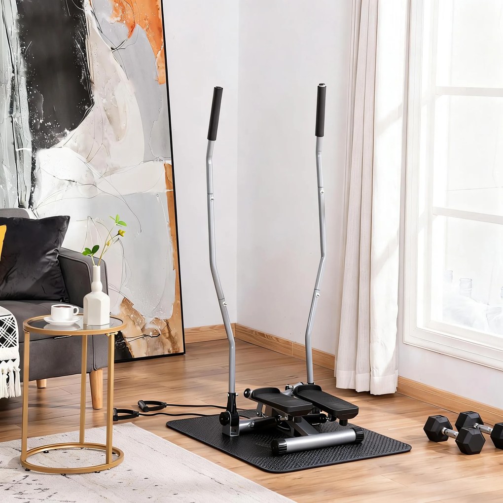 HOMCOM Stepper Fitness cu Maner, Bante Elastice, LCD, Oțel/ABS, Argintiu-Negru | Aosom Romania