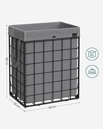 Cos de rufe pliabil cu sac detasabil, metal / textil, gri / negru, Songmics