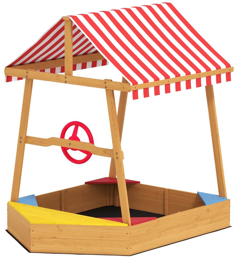 AIYAPLAY Bacă de nisip pentru copii în formă de barcă cu acoperiș anti-UV, scaune, roată de guvernare și fund protector, 133 x 101 x 141 cm | Aosom Romania