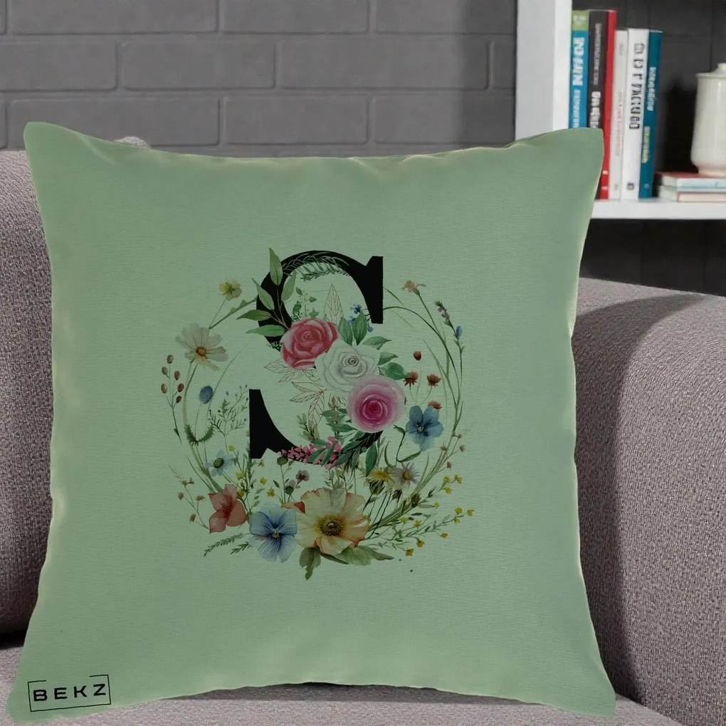 Cadou Personalizat - Perna Personalizata Monogram Litera S cu Flori Acuarela, 40x40 cm, Verde, Husa Detasabila, Perna Inclusa, BEKZ®