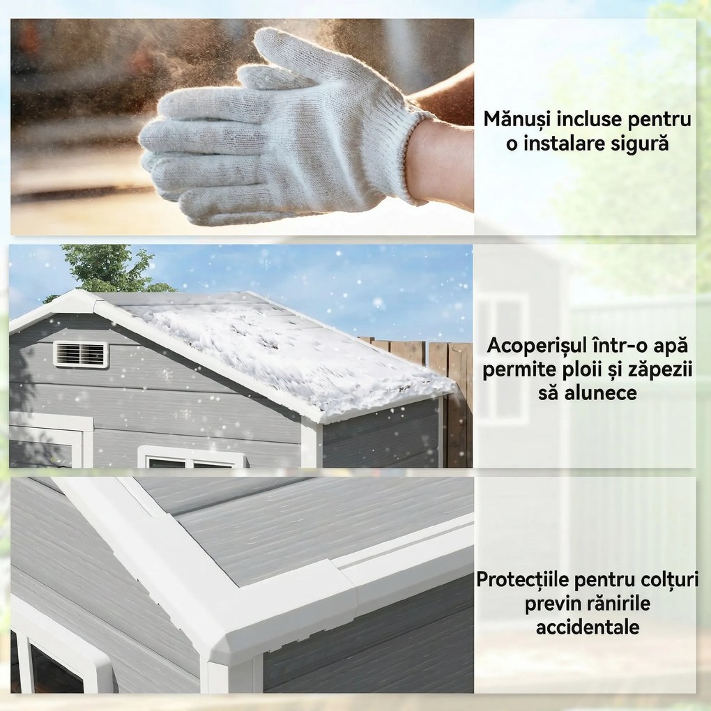 Outsunny Magazie de Grădină, Magazie din Plastic cu Podea, Fereastră, Ușă cu Blocare și Grile de Ventilație, Gri | Aosom Romania