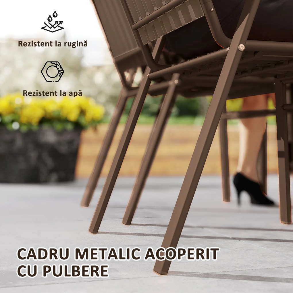 Outsunny Set de 4 Scaune de Grădină Stivuibile cu Spătar Înalt și Brațe, 56x66x91 cm, Maro Închis | Aosom Romania