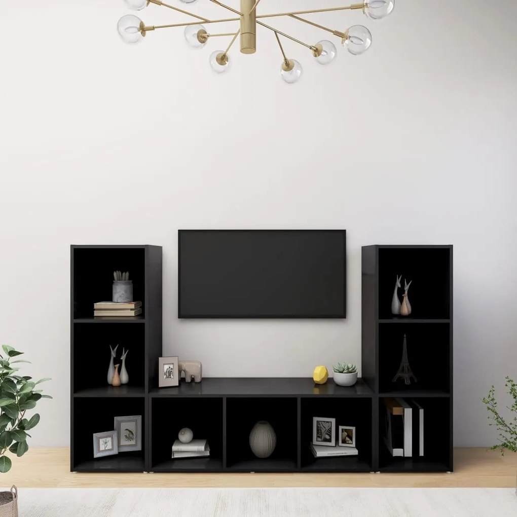 3079962 vidaXL Dulapuri TV, 3 buc., negru, 107x35x37 cm, lemn prelucrat