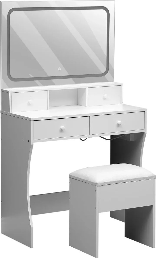 RESIGILAT- Set AMBER, Masă de toaletă pentru machiaj, oglindă banda LED, iluminare reglabila, 4 sertare, port incarcare dubla priza+USB, taburet cu spatiu depozitare, Alb