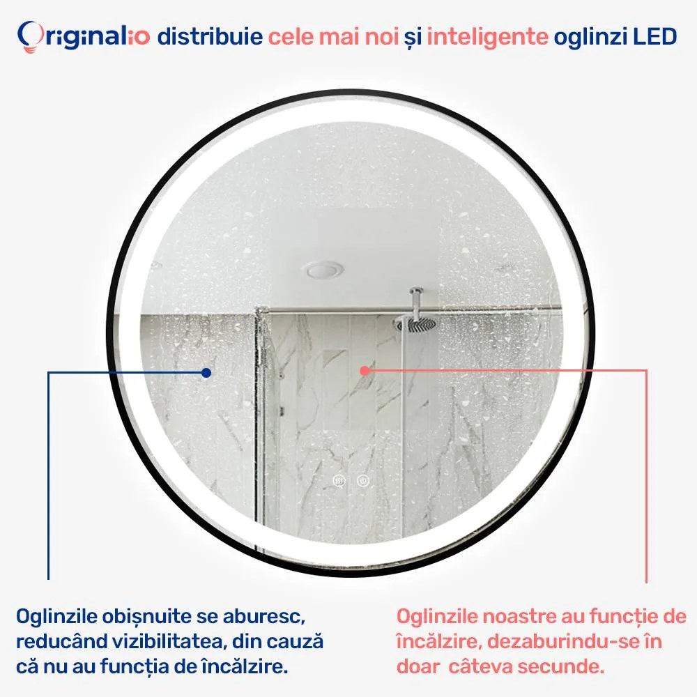 Oglindă LED Rotundă (Diametru 70 cm), 3 Moduri Iluminare (Lumină Rece, Naturală, Caldă), Intensitate Reglabilă, Funcție Dezaburire, Ramă Aluminiu, Control Tactil (Touch)