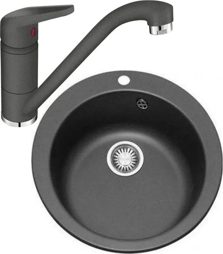Set chiuveta bucatarie compozit Franke Single 1 cuva 50 cm tectonite finisaj negru mat cu baterie Novara Plus