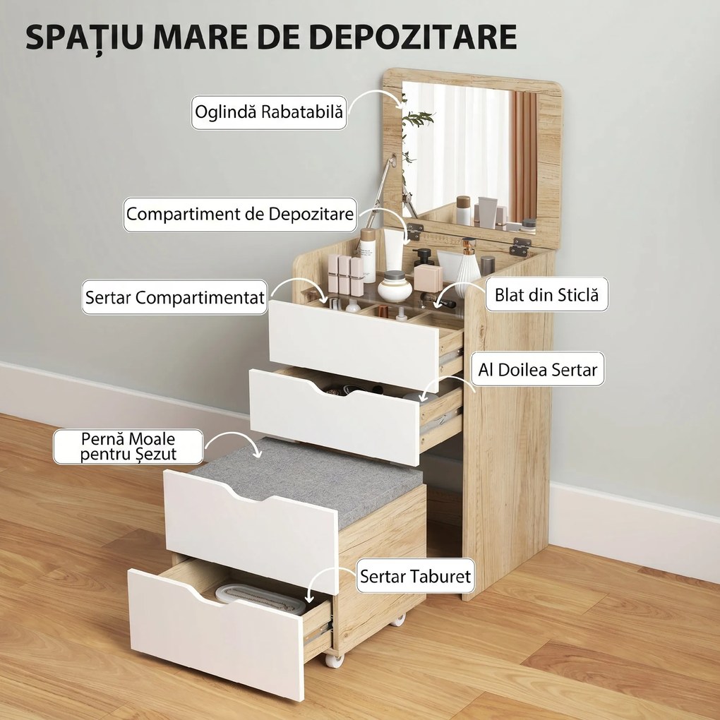 HOMCOM Măsuță de Toaletă cu Oglindă Rabatabilă și Scaun, Compactă, Stejar și Alb | Aosom Romania