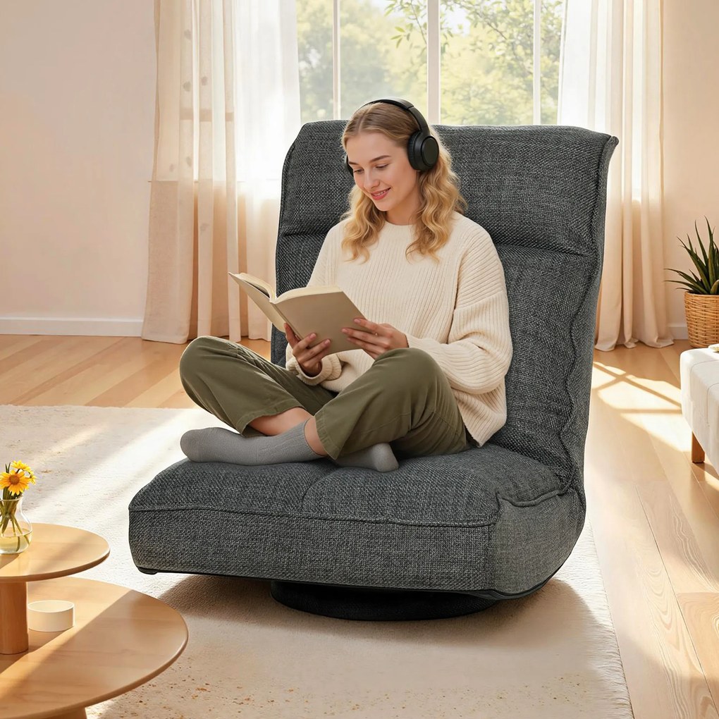 HOMCOM Fotoliu de podea pliabil, rotativ 360°, scaun de podea căptușit cu spătar reglabil în 5 poziții, 58x107x79cm, gri | Aosom Romania