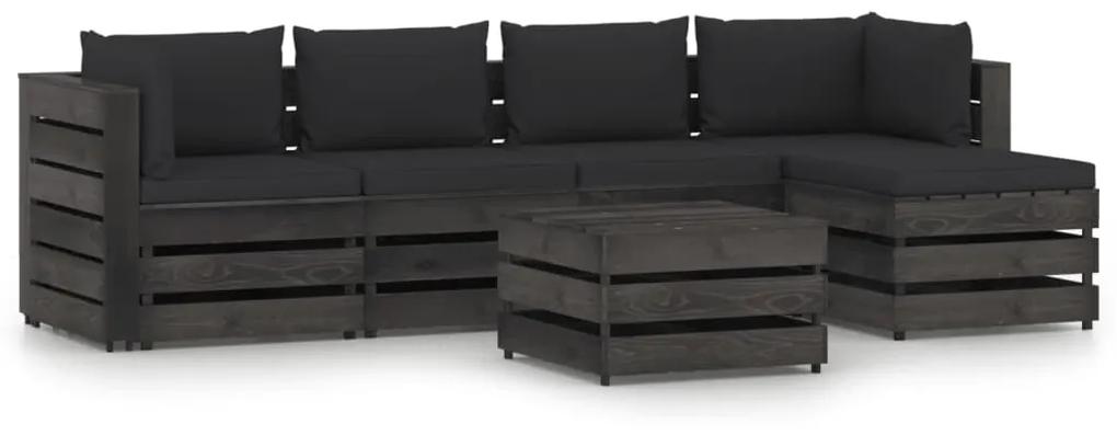 Set mobilier gradina cu perne, 6 piese, gri, lemn tratat negru si gri, 6