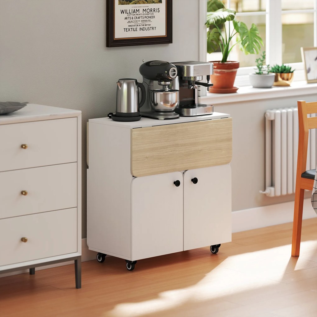 HOMCOM Masă de sufragerie pliabilă pe roți, masă de bucătărie 4 persoane, 2 blaturi rabatabile, etajeră, dulap, 70x83x75cm, alb | Aosom Romania