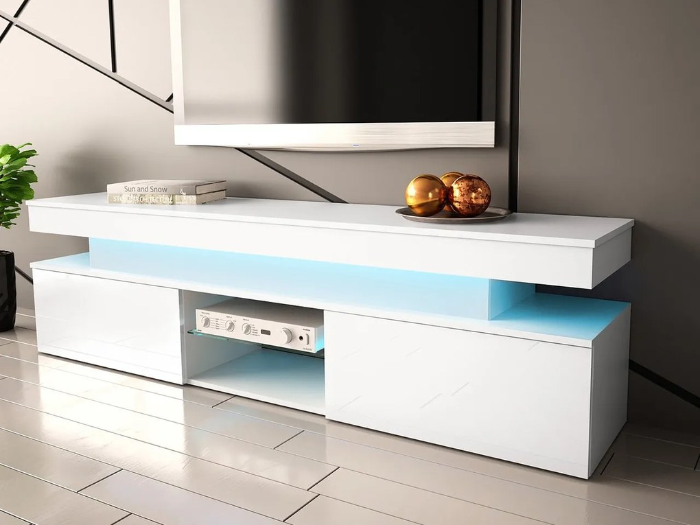 Dulap TV Lesteralo 2D 190 (Alb + lucios Alb) (cu iluminat LED albastru). 1106177