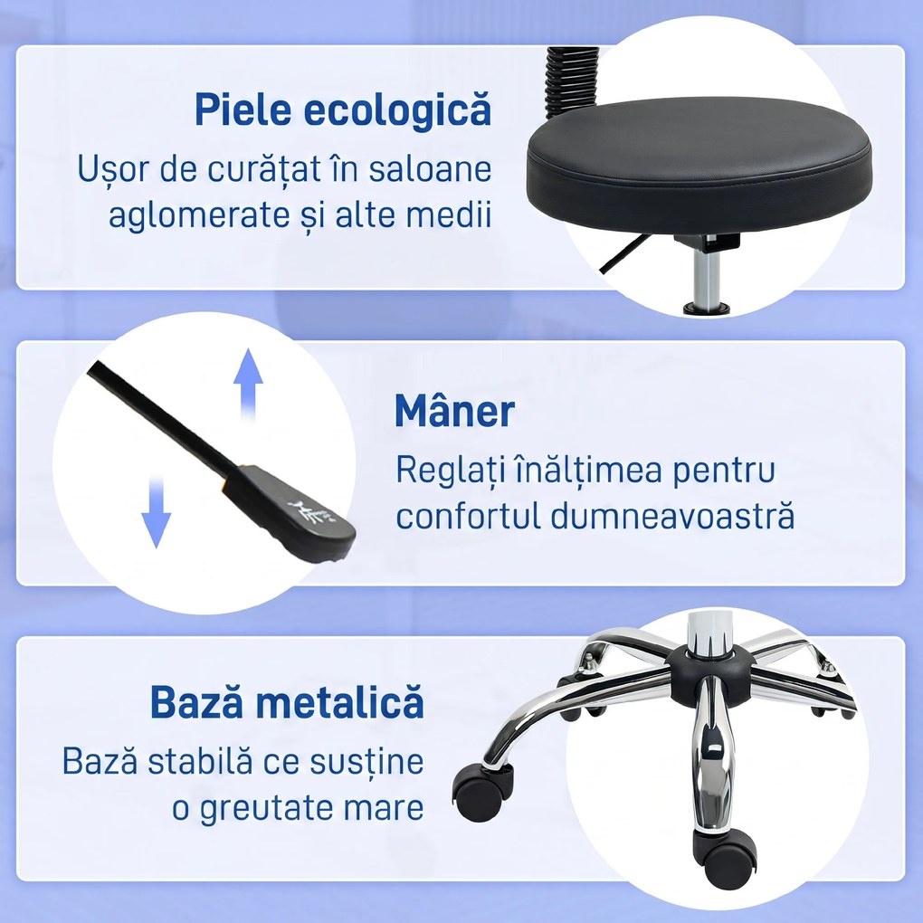 HOMCOM Taburet cu Roți, Rotativ 360°, Reglabil pe Înălțime, Piele Ecologică, Metal, 46x51x78-93 cm, Negru | Aosom Romania