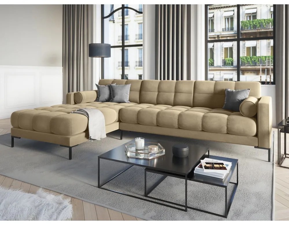 Colțar din catifea cu extensie pe partea stângă Cosmopolitan Design Bali, bej