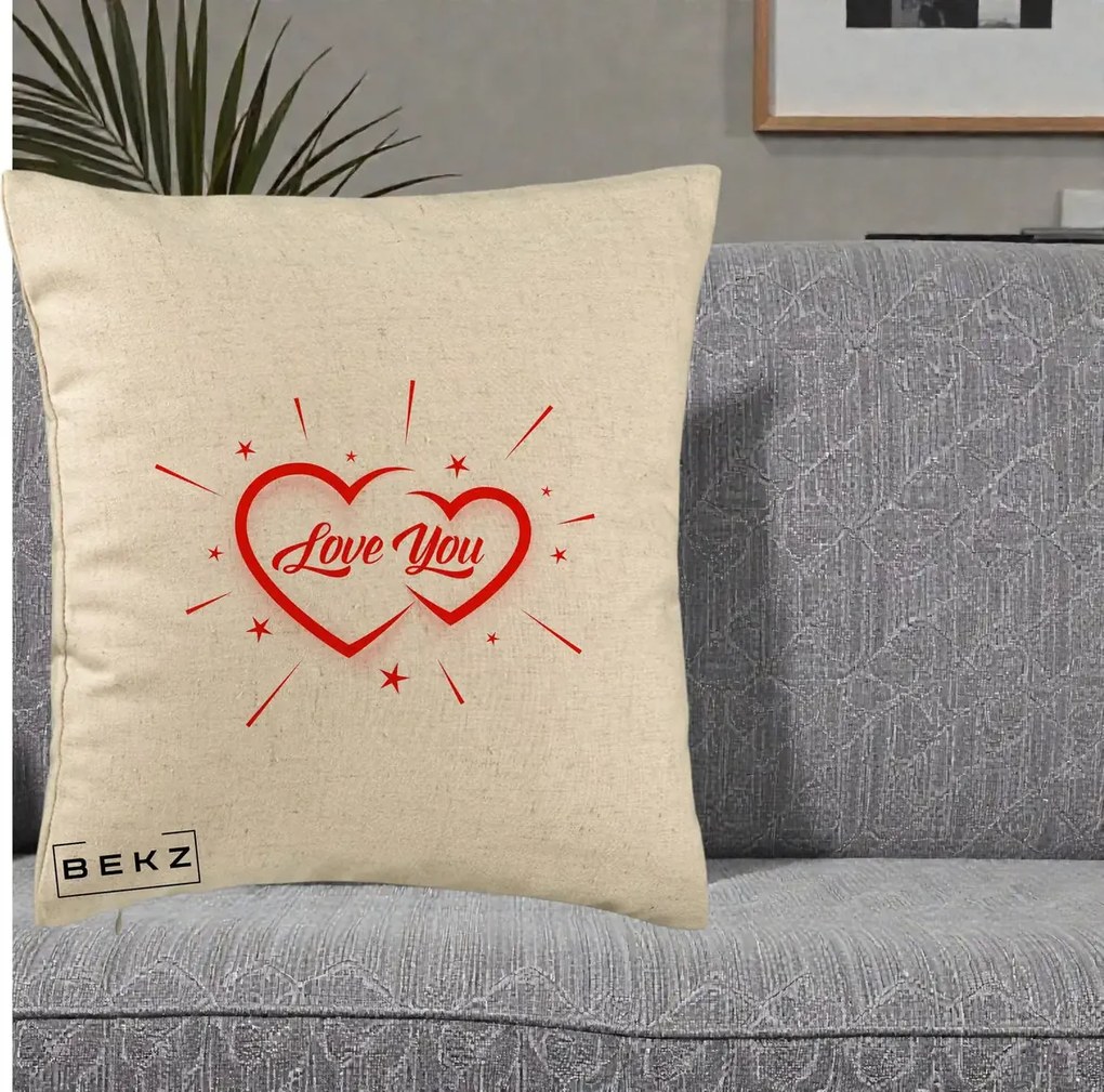 Cadou Romantic - Perna Personalizata Love You Doua Inimi, 40x40 cm, Bej, Husa Detasabila, Perna Inclusa, BEKZ®
