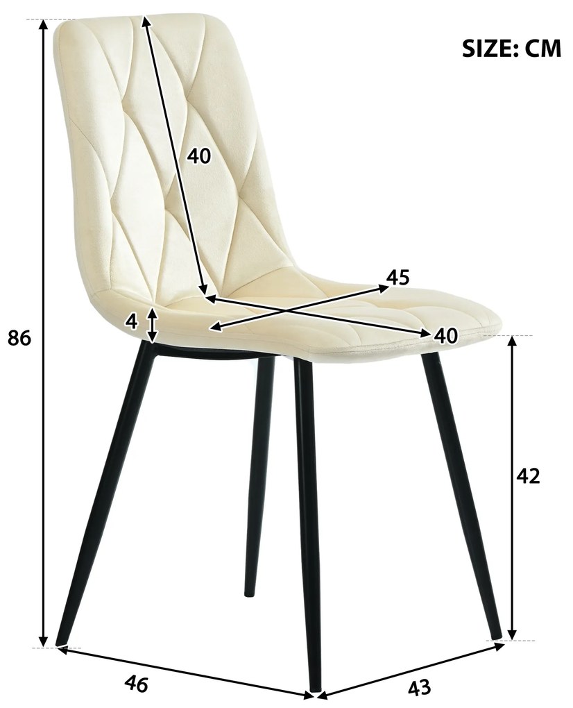 Set de 4 scaune tapițate în catifea twill pentru sala de mese cu spătar, structură din metal, 45x40x86 cm, Bej